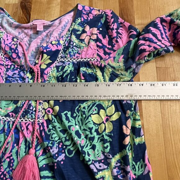 Lilly Pulitzer Top Tilda Tunic Blue‎ Pink Floral 3/4 Sleeves Womens sz Small EUC - Picture 9 of 11